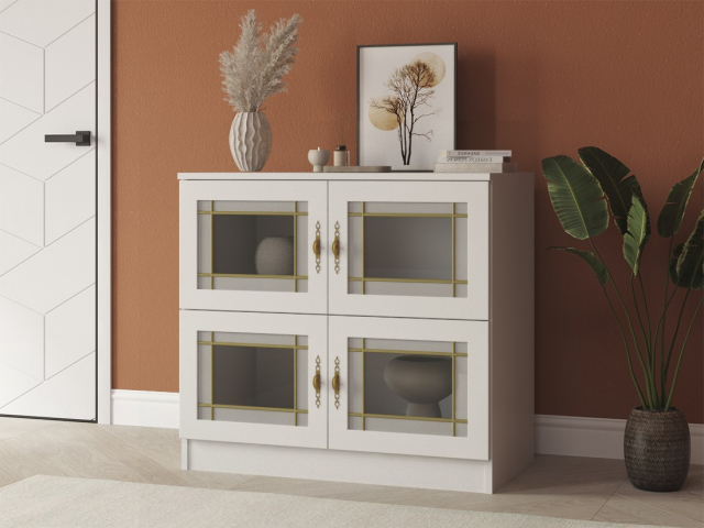 Комод "Квартет 2СтВ", ЛДСП, рамка МДФ, вставка стекло витраж, белый