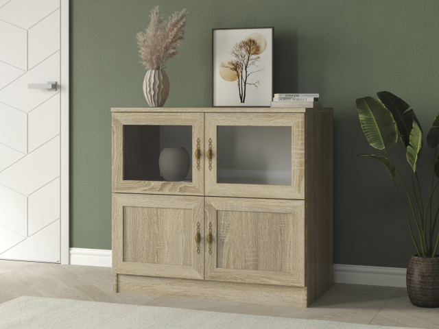 Комод "Квартет 3МСт", ЛДСП, рамка МДФ, вставка стекло простое, дуб сонома