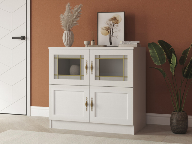 Комод "Квартет 3МСтВ", ЛДСП, рамка МДФ, вставка стекло витраж, белый