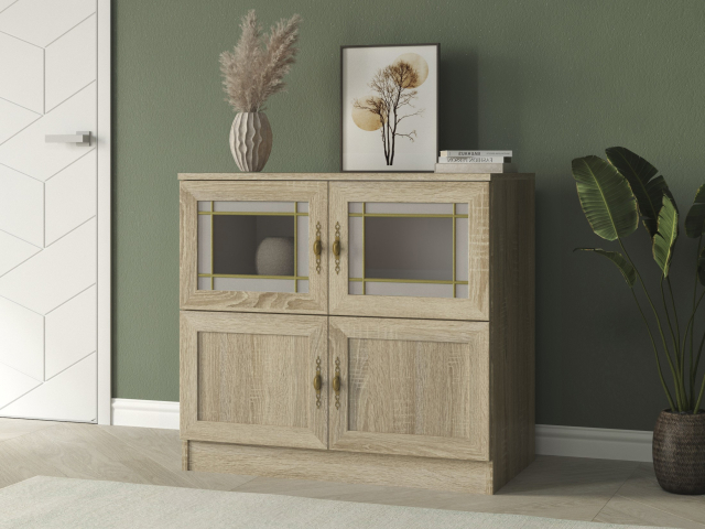 Комод "Квартет 3МСтВ", ЛДСП, рамка МДФ, вставка стекло витраж, дуб сонома