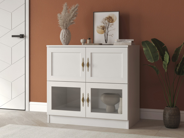 Комод "Квартет 4МСт", ЛДСП, рамка МДФ, вставка стекло простое, белый