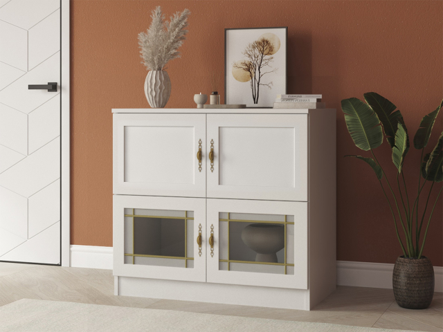 Комод "Квартет 4МСтВ", ЛДСП, рамка МДФ, вставка стекло витраж, белый