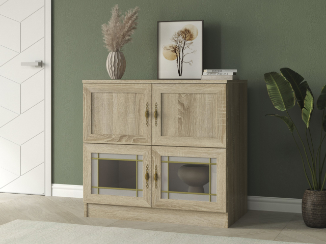 Комод "Квартет 4МСтВ", ЛДСП, рамка МДФ, вставка стекло витраж, дуб сонома