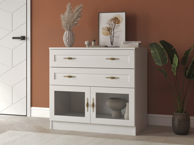 Комод "Квартет 5МСт", ЛДСП, рамка МДФ, вставка стекло простое, белый