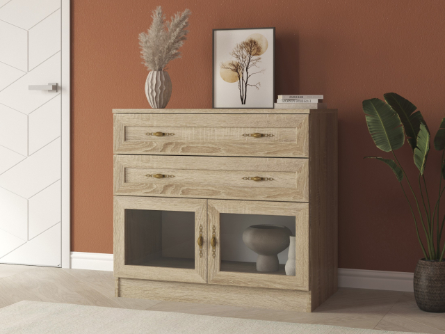 Комод "Квартет 5МСт", ЛДСП, рамка МДФ, вставка стекло простое, дуб сонома