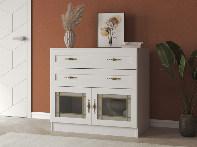 Комод "Квартет 5МСтВ", ЛДСП, рамка МДФ, вставка стекло витраж, белый