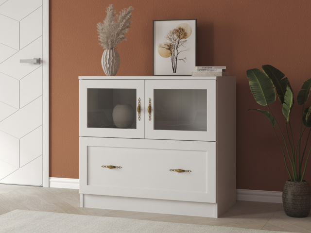 Комод "Квартет 7Ст", ЛДСП, рамка МДФ, стекло простое, белый