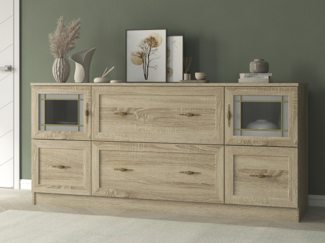 Комод "Квартет 12СтВ", ЛДСП, рамка МДФ, вставка стекло витраж, дуб сонома