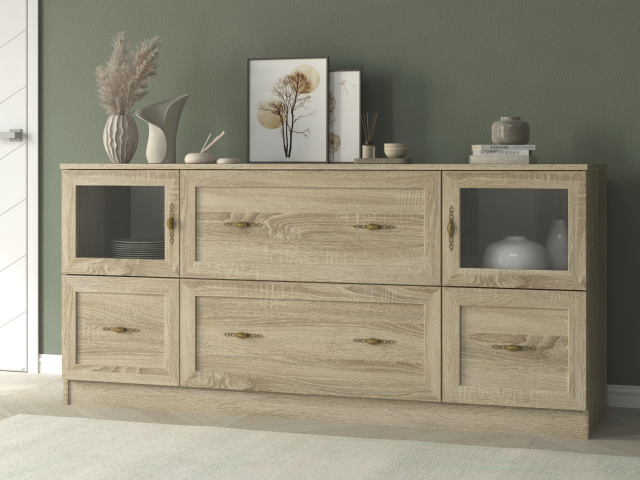 Комод "Квартет 12Ст", ЛДСП, рамка МДФ, вставка стекло простое, дуб сонома