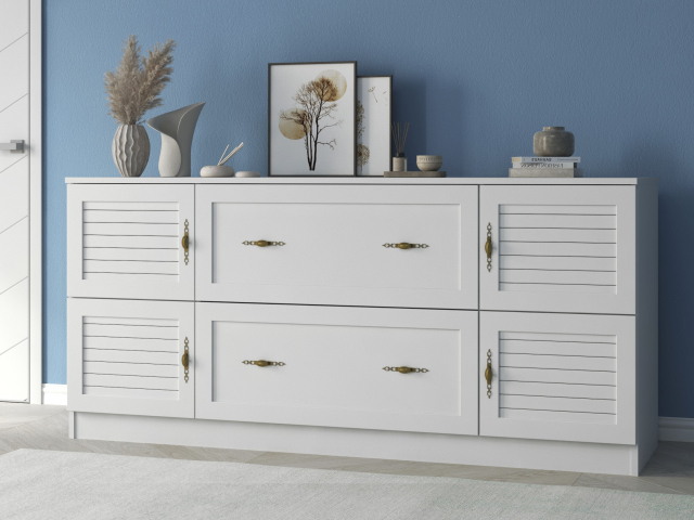 Комод "Квартет 14Р", ЛДСП, рамка МДФ, вставка рейка, белый