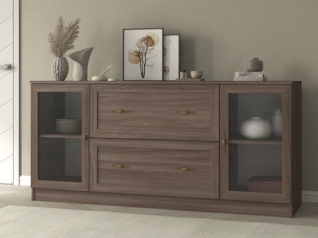 Комод "Квартет 16Ст", ЛДСП, рамка МДФ, вставка стекло простое, ясень шимо темный