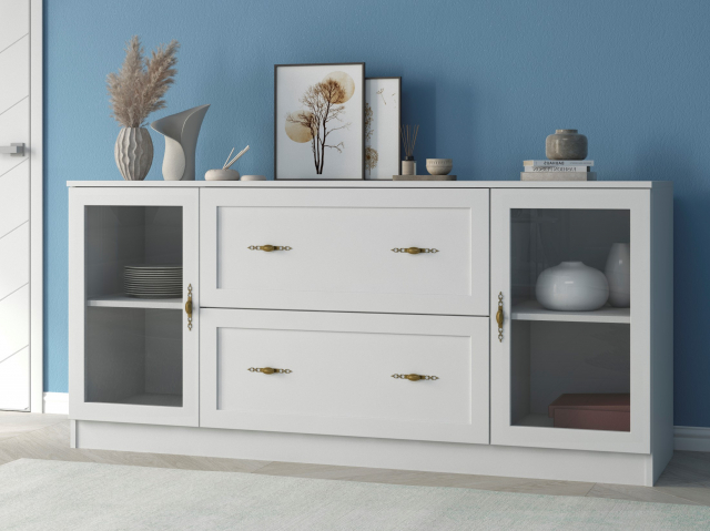 Комод "Квартет 16Ст", ЛДСП, рамка МДФ, вставка стекло простое, белый