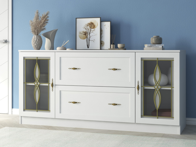 Комод "Квартет 16СтВ", ЛДСП, рамка МДФ, вставка стекло витраж, белый