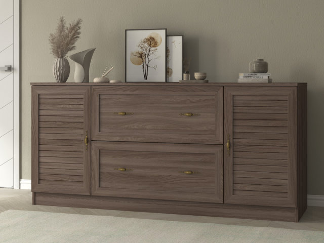 Комод "Квартет 16Р", ЛДСП, рамка МДФ, вставка рейка, ясень шимо темный