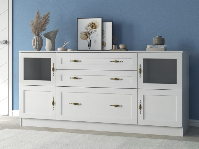 Комод "Квартет 24МСт", ЛДСП, рамка МДФ, вставка стекло простое, белый