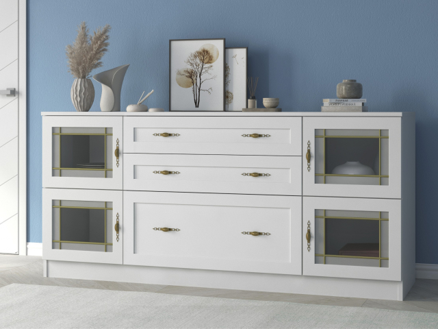 Комод "Квартет 23СтВ", ЛДСП, рамка МДФ, вставка стекло витраж, белый