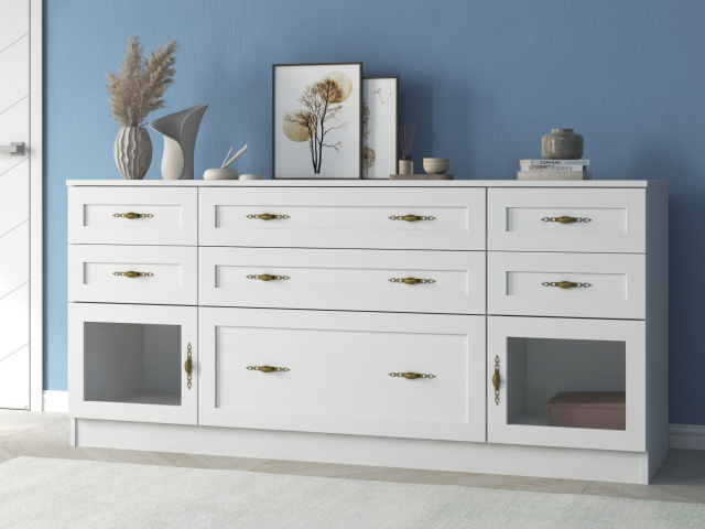 Комод "Квартет 26Ст", ЛДСП, рамка МДФ, вставка стекло простое, белый