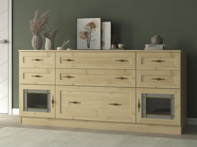 Комод "Квартет 26СтВ", ЛДСП, рамка МДФ, вставка стекло витраж, клён