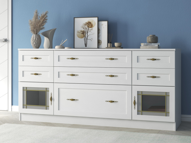 Комод "Квартет 26СтВ", ЛДСП, рамка МДФ, вставка стекло витраж, белый