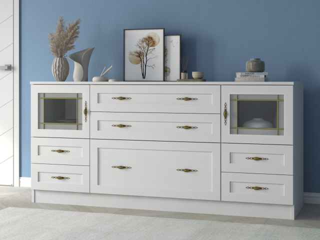 Комод "Квартет 27СтВ", ЛДСП, рамка МДФ, вставка стекло витраж, белый