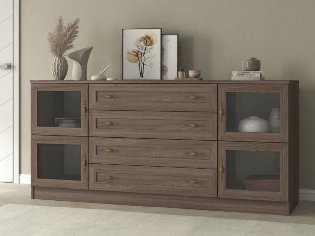 Комод "Квартет 32Ст", ЛДСП, рамка МДФ, вставка стекло простое, ясень шимо темный