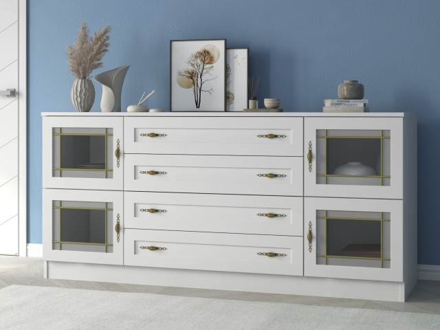 Комод "Квартет 32СтВ", ЛДСП, рамка МДФ, вставка стекло витраж, белый