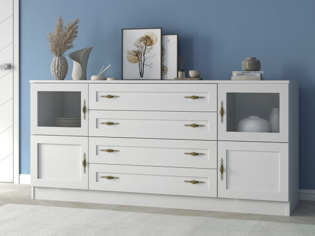 Комод "Квартет 33МСт", ЛДСП, рамка МДФ, вставка стекло простое, белый