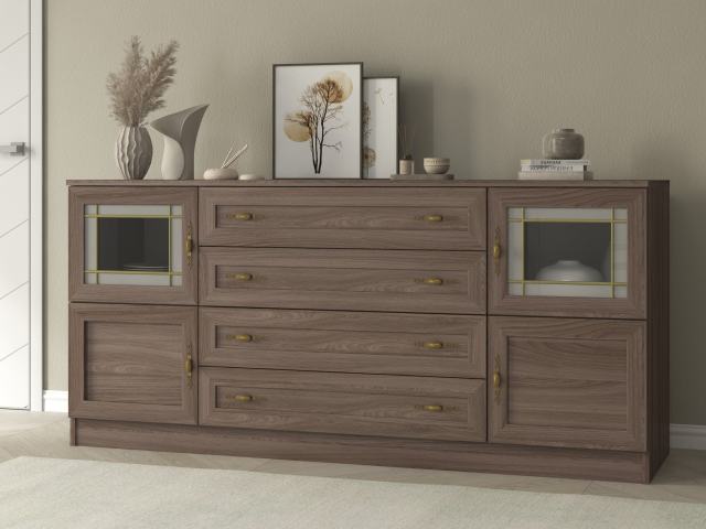 Комод "Квартет 33МСтВ", ЛДСП, рамка МДФ, вставка стекло витраж, ясень шимо темный