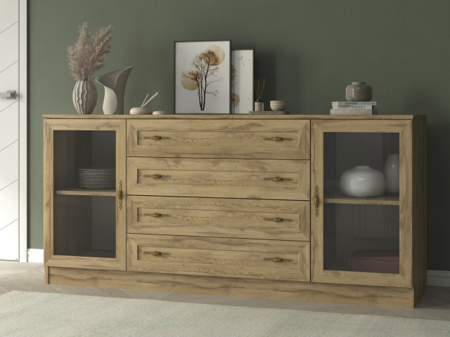 Комод "Квартет 34Ст", ЛДСП, рамка МДФ, вставка стекло простое, дуб вотан