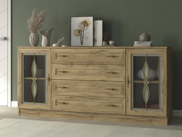 Комод "Квартет 34СтВ", ЛДСП, рамка МДФ, вставка стекло витраж, дуб воан