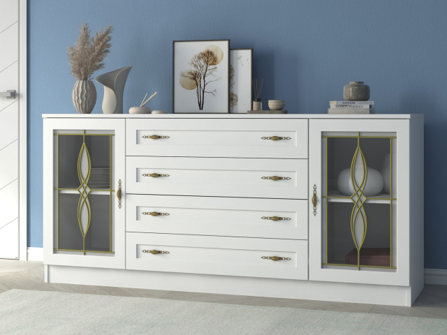 Комод "Квартет 34СтВ", ЛДСП, рамка МДФ, вставка стекло витраж, белый