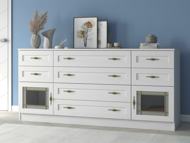 Комод "Квартет 35СтВ", ЛДСП, рамка МДФ, вставка стекло витраж, белый