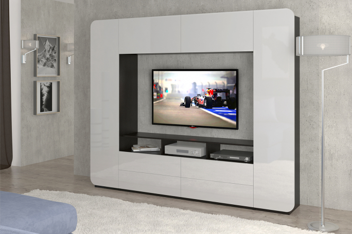 Стенка "Лестер 1" черный/белый глянец DM1200, push to open (пусх то опен)