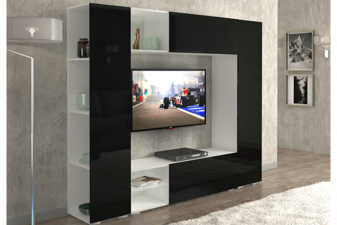 Стенка "Лестер 6" белый гладкий/черный глянец BS (БС) 1314-55, push to open (пусх то опен)