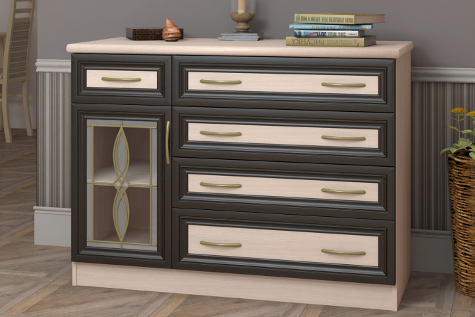 Комод №4 со стеклом витраж, дуб млечный/венге цаво