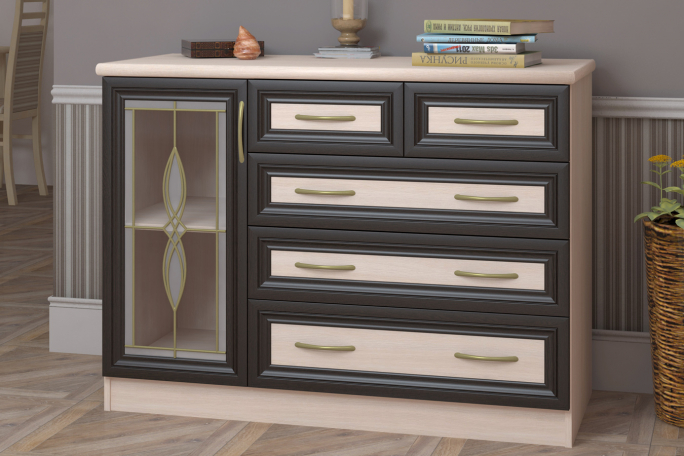 Комод №5 со стеклом витраж, дуб млечный/венге цаво