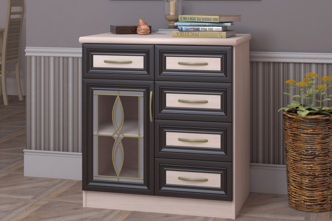 Комод №7 со стеклом витраж, дуб млечный/венге цаво