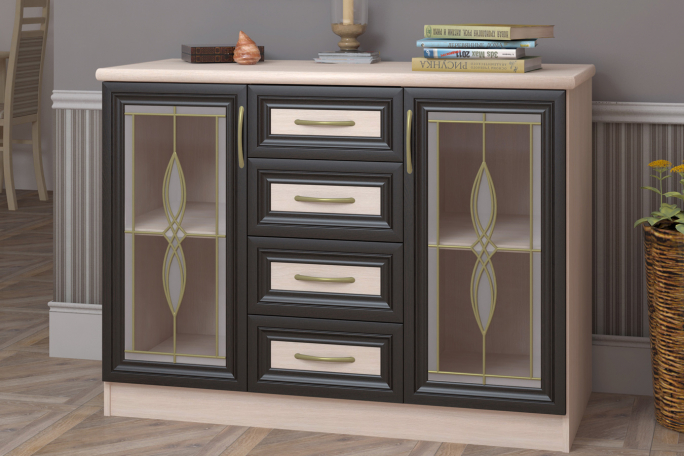 Комод №9 со стеклом витраж, дуб млечный/венге цаво