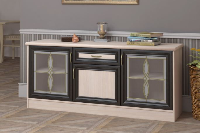 Комод "Ричард 1-3" со стеклом витраж, дуб млечный/венге цаво