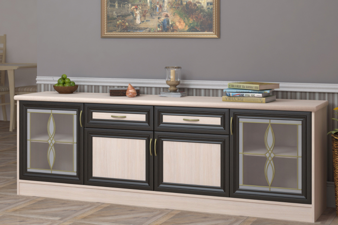 Комод "Ричард 2.4" со стеклом витраж, дуб млечный/венге цаво