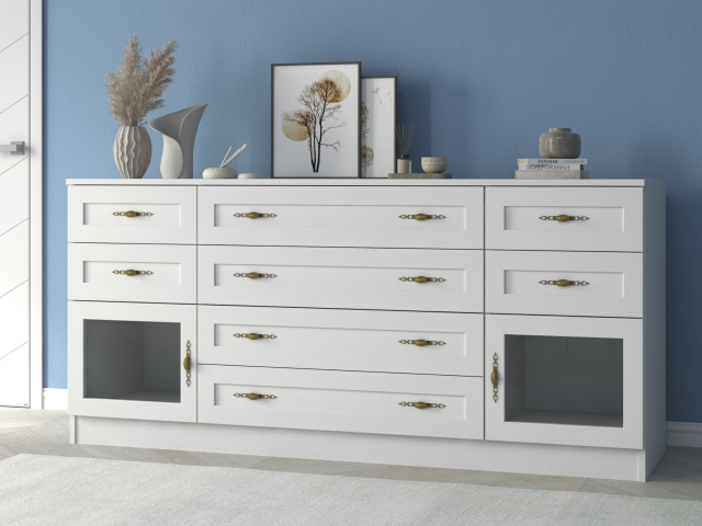 Комод "Квартет 35Ст", ЛДСП, рамка МДФ, вставка стекло простое, белый