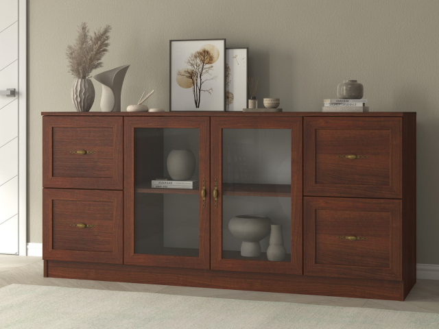 Комод "Квартет 38МСт", ЛДСП, рамка МДФ, вставка стекло простое, итальянский орех