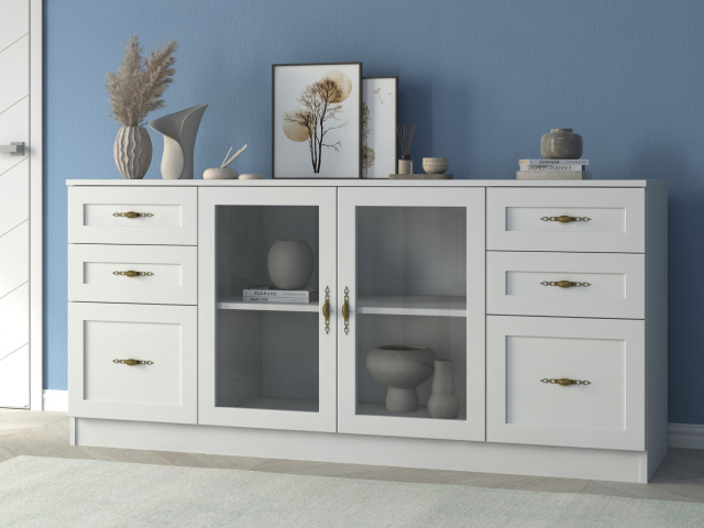 Комод "Квартет 40МСт", ЛДСП, рамка МДФ, вставка стекло простое, белый