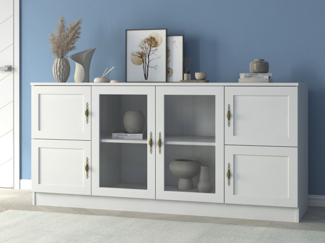 Комод "Квартет 41МСт", ЛДСП, рамка МДФ, вставка стекло простое, белый