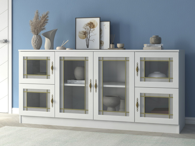 Комод "Квартет 41СтВ", ЛДСП, рамка МДФ, вставка стекло витраж, белый