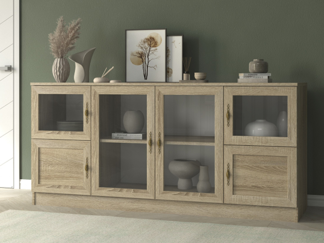 Комод "Квартет 42МСт", ЛДСП, рамка МДФ, вставка стекло простое, дуб сонома