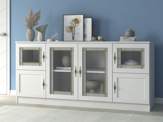 Комод "Квартет 42МСтВ", ЛДСП, рамка МДФ, вставка стекло витраж, белый