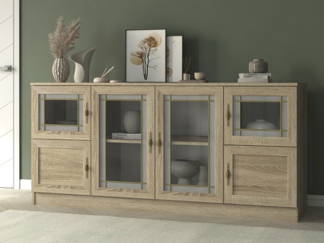 Комод "Квартет 42МСтВ", ЛДСП, рамка МДФ, вставка стекло витраж, дуб сонома