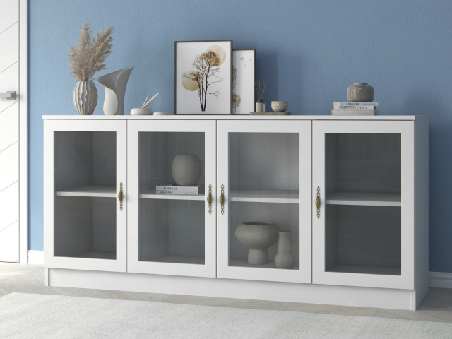 Комод "Квартет 43Ст", ЛДСП, рамка МДФ, вставка стекло простое, белый