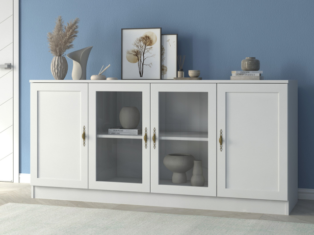 Комод "Квартет 43МСт", ЛДСП, рамка МДФ, вставка стекло простое, белый